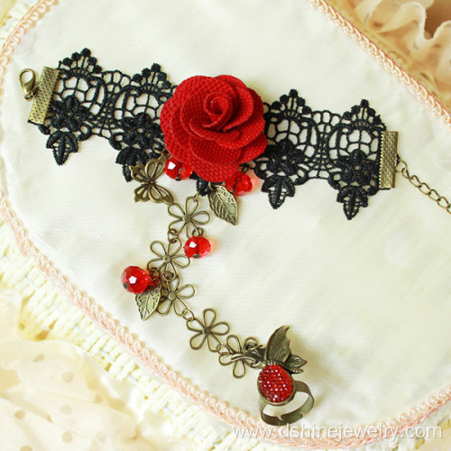 Retro Red Rose Lace Bracelet With Ring Vampire Sexy Jewelry